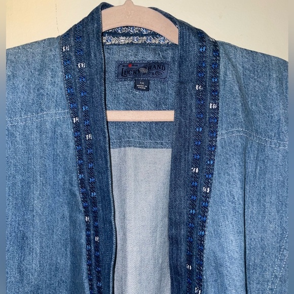 Lucky Brand Beautiful Denim Boho Embroidered Open Paneled Kimono Cardigan - Picture 8 of 17